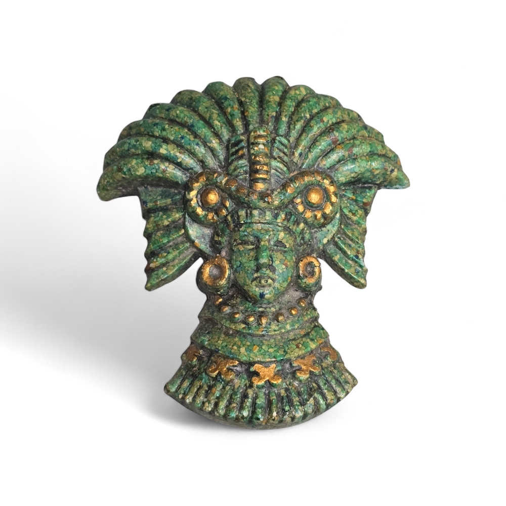 Vintage Mayan Aztec Crushed Malachite Face Mask Figurine Gold Color Accents